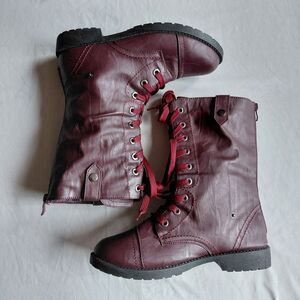 Burgundy Combat Boots Womens 9 Lace Up Ankle Leather Grunge Goth Retro Edgy